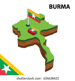 Isometric map and flag of Burma. 3D isometric Vector Illustration