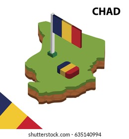 Isometric map and flag of CHAD. 3D isometric Vector Illustration