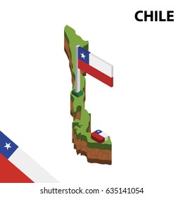Isometric map and flag of CHILE. 3D isometric Vector Illustration
