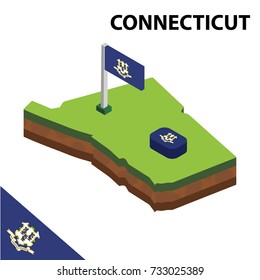 Isometric map and flag of Connecticut. 3D isometric Vector Illustration