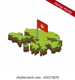 Isometric map and flag of Hong Kong. 3D isometric shape of Hong Kong. Vector Illustration.