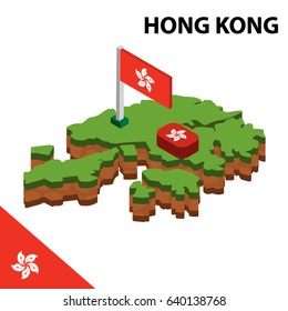 Isometric map and flag of HONG KONG. 3D isometric Vector Illustration