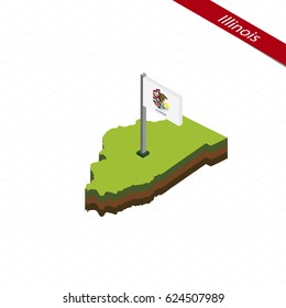 Isometric map and flag of Illinois. 3D isometric shape of Illinois State. Vector Illustration.