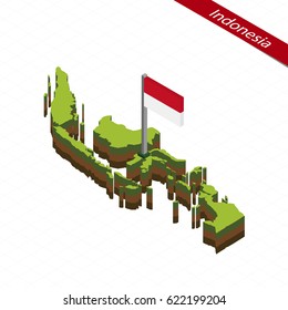 Isometric map and flag of Indonesia. 3D isometric shape of Indonesia. Vector Illustration.