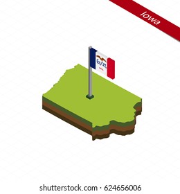 Isometric map and flag of Iowa. 3D isometric shape of Iowa State. Vector Illustration.
