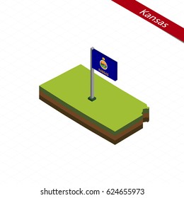 Isometric map and flag of Kansas. 3D isometric shape of Kansas State. Vector Illustration.