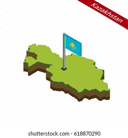Isometric map and flag of Kazakhstan. 3D isometric shape of Kazakhstan. Vector Illustration.