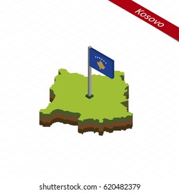 Isometric map and flag of Kosovo. 3D isometric shape of Kosovo. Vector Illustration.