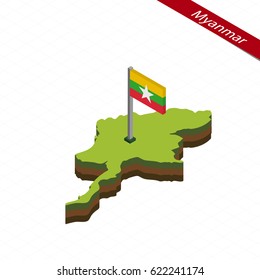 Isometric map and flag of Myanmar. 3D isometric shape of Myanmar. Vector Illustration.