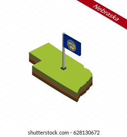 Isometric map and flag of Nebraska. 3D isometric shape of Nebraska State. Vector Illustration.