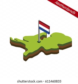 Isometric map and flag of Netherlands. 3D isometric shape of Netherlands. Vector Illustration.