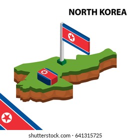 Isometric map and flag of NORTH KOREA. 3D isometric Vector Illustration