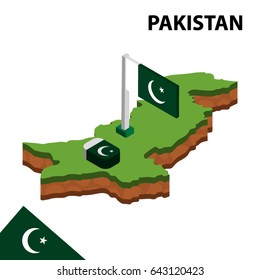Isometric map and flag of PAKISTAN. 3D isometric Vector Illustration