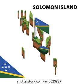Isometric map and flag of SOLOMON ISLAND. 3D isometric Vector Illustration