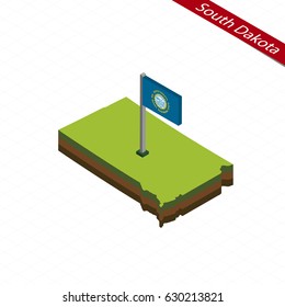 Isometric map and flag of South Dakota. 3D isometric shape of South Dakota State. Vector Illustration.