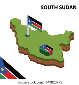 Isometric map and flag of SOUTH SUDAN. 3D isometric Vector Illustration