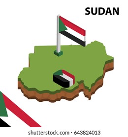 Isometric map and flag of SUDAN. 3D isometric Vector Illustration