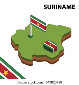 Isometric map and flag of SURINAME. 3D isometric Vector Illustration