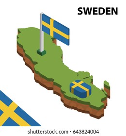 Isometric map and flag of SWEDEN. 3D isometric Vector Illustration