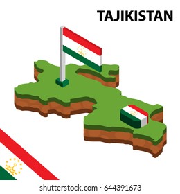 Isometric map and flag of TAJIKISTAN. 3D isometric Vector Illustration