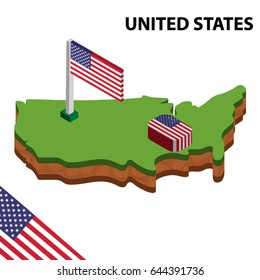 Isometric map and flag of UNITED STATES OF AMERICA. 3D isometric Vector Illustration