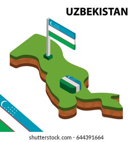 Isometric map and flag of UZBEKISTAN. 3D isometric Vector Illustration