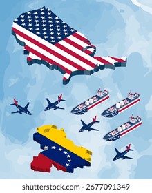 Mapa isométrico e bandeira de Venezuela vs EUA, navio de guerra, avião de combate.