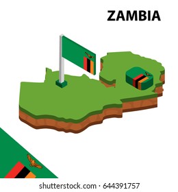 Isometric map and flag of ZAMBIA. 3D isometric Vector Illustration
