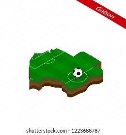 Isometric map of Gabon with soccer field. Football ball in center of football pitch. Vector soccer illustration.