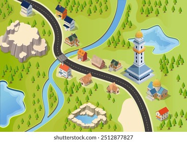 isometric map for game assets containing river  highways buildings forests lakes and mountains