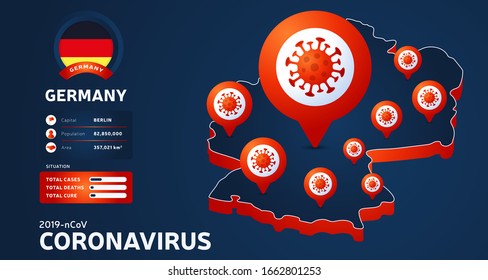 Isometric map of Germany with highlighted country vector illustration on dark background. coronavirus statistics. 2019-nCoV Dangerous chinese ncov corona virus. infographic and country info.