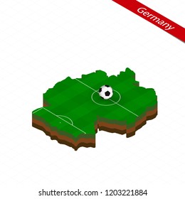 Isometric map of Germany with soccer field. Football ball in center of football pitch. Vector soccer illustration.