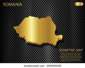 isometric map gold of Romania on carbon kevlar texture pattern tech sports innovation concept background. for website, infographic, banner vector illustration EPS10 
