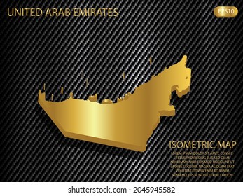 mapa isométrico oro de los Emiratos Árabes Unidos sobre el fondo del concepto de innovación deportiva tecnológica del patrón de textura kevlar de carbono. para sitio web, infografía, ilustración vectorial banner EPS10 
