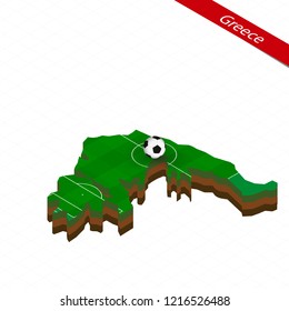 Isometric map of Greece with soccer field. Football ball in center of football pitch. Vector soccer illustration.