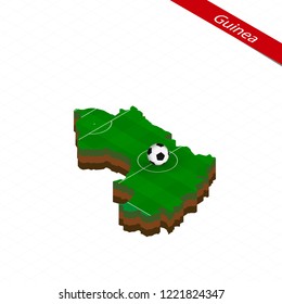 Isometric map of Guinea with soccer field. Football ball in center of football pitch. Vector soccer illustration.