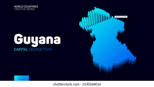 Isometric map of Guyana with blue hexagon lines