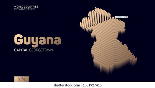 Isometric map of Guyana with golden hexagon lines