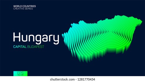 Isometric map of Hungary with neon circle lines