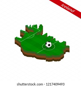 Isometric map of Iceland with soccer field. Football ball in center of football pitch. Vector soccer illustration.