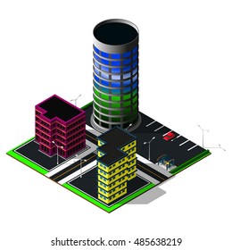 Isometric map. Map includes skyscraper, buildings, business center, offices, cars, parkings, markings and greenery. Isometric glass skyscraper. 3d map elements.