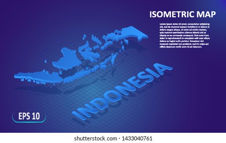 Isometric map of the INDONESIA. Stylized flat map of the country on blue background. Modern isometric 3d location map with place for text or description. 3D concept for infographic.Vector illustration