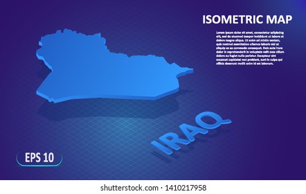 Isometric map of the IRAQ. Stylized flat map of the country on blue background. Modern isometric 3d location map with place for text or description. 3D concept for infographic. Vector illustration EPS