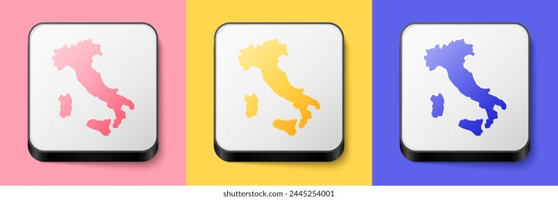 Isometric Map of Italy icon isolated on pink, yellow and blue background. Square button. Vector