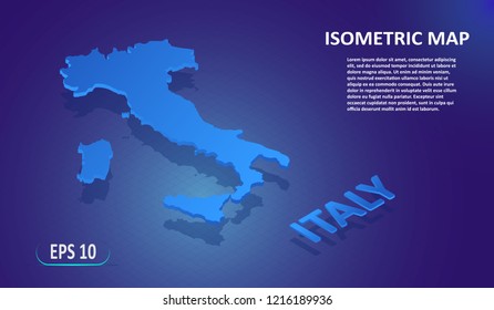 Isometrische Karte von Italien. Moderne flache Karte des europäischen Landes auf blauem Hintergrund. Isolierte 3D-Isometrie für Infografik. Vektorillustration. EPS10.