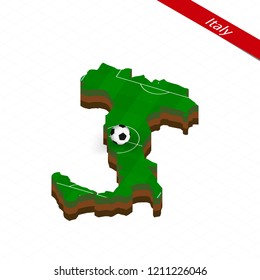 Isometric map of Italy with soccer field. Football ball in center of football pitch. Vector soccer illustration.