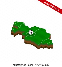 Isometric map of Kazakhstan with soccer field. Football ball in center of football pitch. Vector soccer illustration.