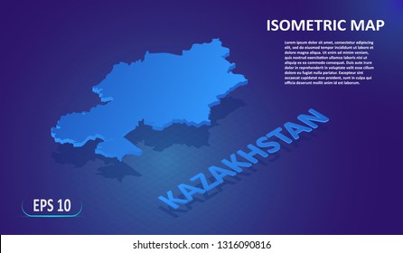 Isometric map of the KAZAKHSTAN. Stylized flat map of the country on blue background. Modern isometric 3d location map with place for text or description. 3D concept for infographic. Vector EPS 10