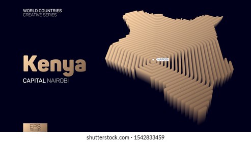 Isometric map of Kenya with golden hexagon lines