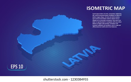 Isometric map of  LATVIA. Stylized flat map of the European country on blue background. Modern isometric or 3d location map with place for text or description. Isolated 3D concept for infographic.EPS